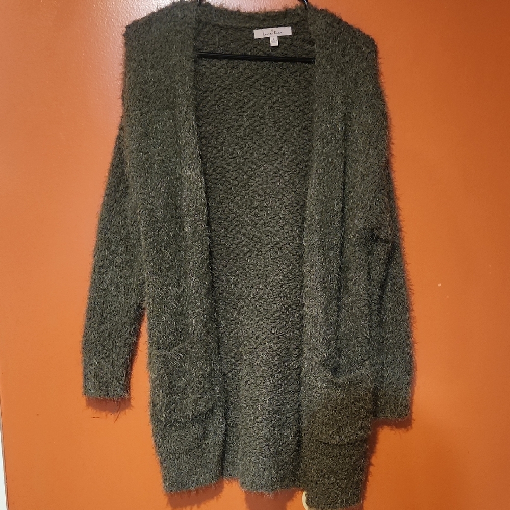 Love Tree Olive Green Fuzzy Open-Front Cardigan